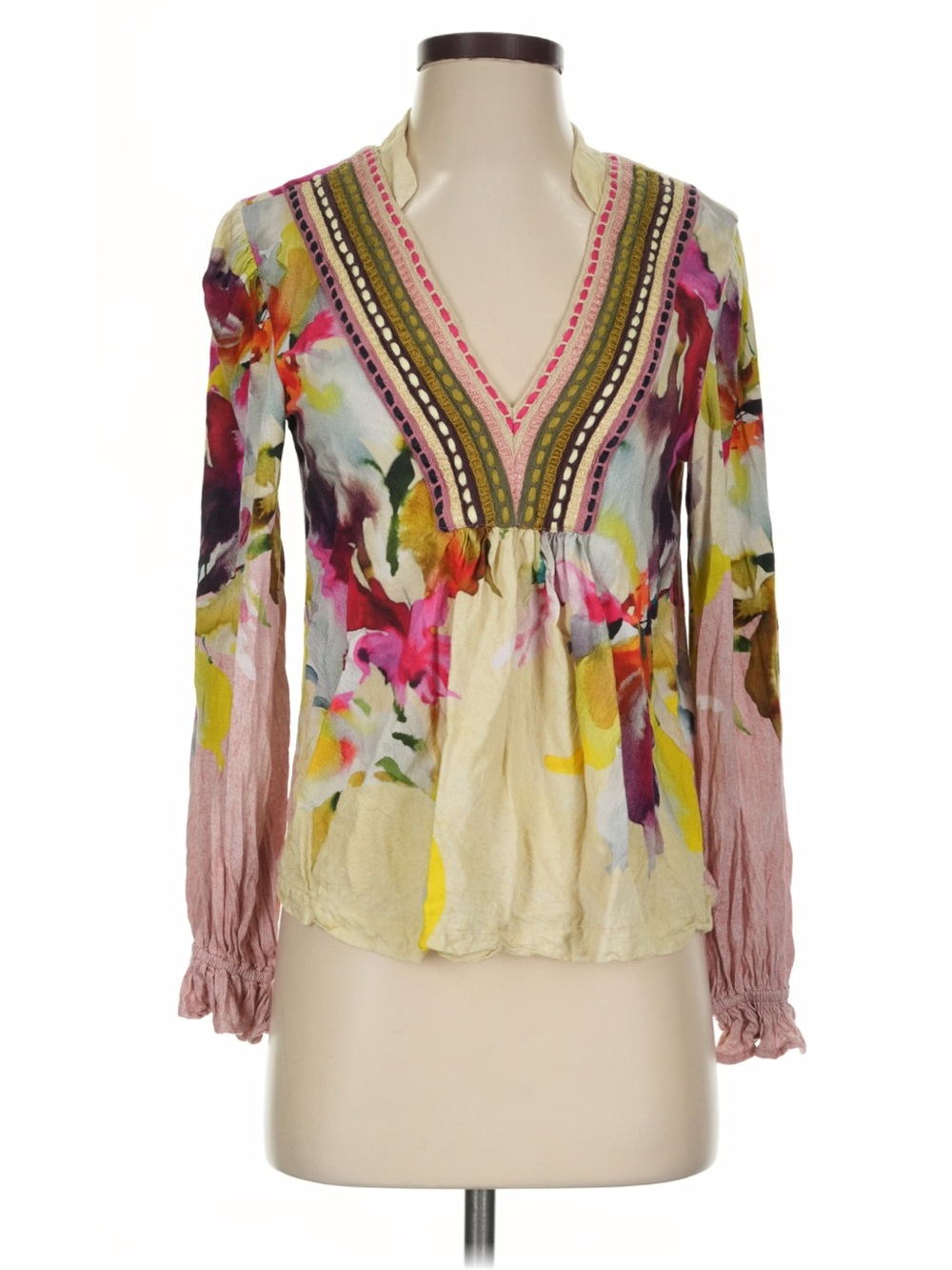 Bl^nk Stephanie Long-Sleeve Top from Anthropologie Watercolor Floral Print Small